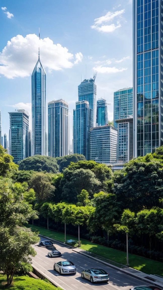 Imagine a vacant plot of land in the heart of a bustling modern city. The plot is completely empty, covered in green grass, and is surrounded by towering luxurious buildings. To the left, there is a gleaming glass and steel skyscraper, with spacious balconies adorned with lush greenery. To the right, a sleek contemporary building with large panoramic windows and a facade in shades of silver and blue stands tall. Behind the plot, a high-end residential complex with hanging gardens and exclusive leisure areas can be seen. In front of the plot, a busy avenue filled with luxury cars and well-dressed pedestrians completes the urban scene. The sky is clear with a few clouds, adding to the vibrant and sophisticated city atmosphere.


