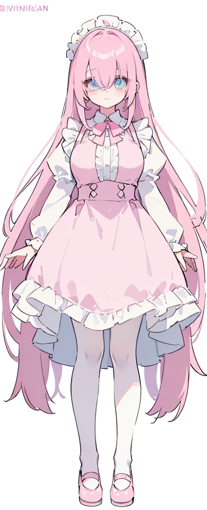 (((Long pinky Beautiful Hair))),pink hair,kawai,(((Eyes visible from bangs,hair over eyes:1.3))),,Huge breasts,(cyan color eyes),,(pink slanted eyes),1girl in,bangs,long CYAN  hair, pantyhose,Cowboy Shot,white background,short hair,smiled,(wearing pink maid clothes), (maid dress type must have a perfect pink vest), Bangs should be long to the tip of the chin(((Standing pose facing to the right side free hand pose))), white background, Perfect arm fingers,,, 1 girl, ((The image must match the tag)) Bangs almost cover the eyes full body (The character's entire body from top to bottom is completely visible) (The character's entire body is visible from head to toe) wearing shiny pink shoes (full body image full body image) full body image full body image) white background 