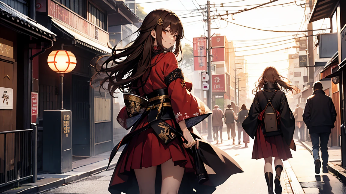 A 20-year-old Japanese idol with delicate and beautiful features, A richly decorated sword, (artwork: 0.8), Black and red dress, a woman walking down the street in her short skirt while her hand is on her hip, 1girl, 独奏, high heels, skirt, long hair, brown hair, shirt, from behind, Ass, underwear