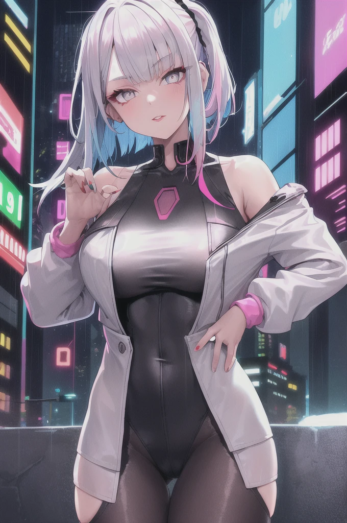 lucy \(cyberpunk\), 1girl, hair scrunchie, hime cut, silver hair, colored tips, full moon, grey eyes, jacket, long sleeves, looking at viewer, medium hair, multicolored hair, parted bangs, parted lips, pink hair, portrait, red eyeliner, red lips, solo, white jacket, cyberpunk \(series\), rainy night in a cyberpunk city with glowing neon lights