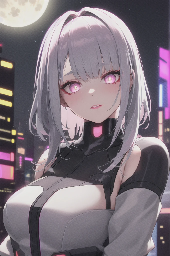 lucy \(cyberpunk\), 1girl,  hair scrunchie, hime cut, silver hair, colored tips, full moon, grey eyes, jacket, long sleeves, looking at viewer, medium hair, multicolored hair, parted bangs, parted lips, pink hair, portrait, red eyeliner, red lips, solo, white jacket, cyberpunk \(series\), rainy night in a cyberpunk city with glowing neon lights

 