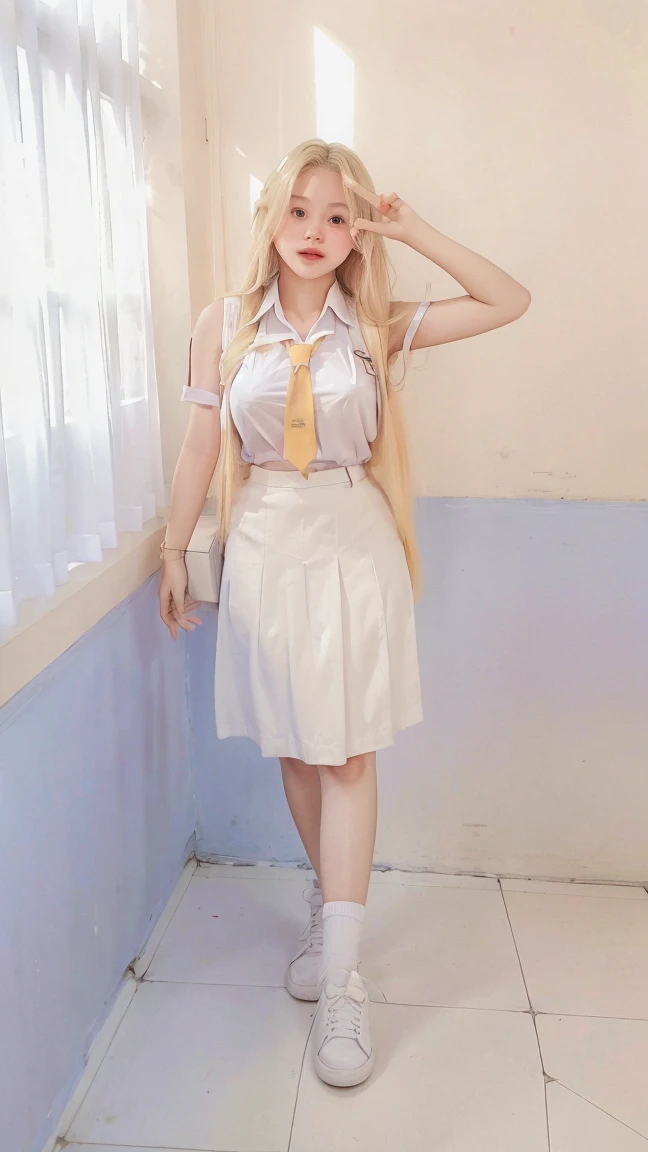 Masterpiece , Beautiful 18 Years Old , Gigantic Large Breast , Cleavage , Sleeveless , ((Wearing High School Uniform)) , High School Skirt , White Sneakers , In Classroom , Take Selfie , ((Centre:1.1)), ((Symetric Picture:1.1)) , ((Blonde Hair:1.1)) , Extremely Detailed , Messy Hair