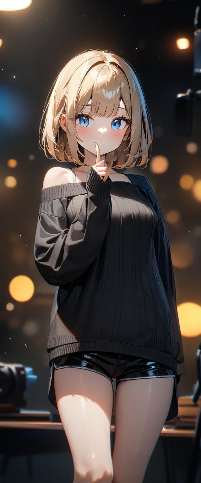 (((One girl))), blond hair, bob cut, breasts, from front, (cowboy shot), (looking at viewer), ((black shorts)), ((off-shoulder black sweater)), Hip Length, index finger to own mouth, arm at side, face in focus, teenager, head tilt:1.3, (((blue eye))), ((no mouth)), ((sleeves past wrists)), anime style, (best quality, 4k, 8k, highres, masterpiece:1.2, ultra-detailed, ultra-detailed eyes, HDR, UHD, studio lighting, ultra-fine painting, sharp focus, physically-based rendering, extreme detail description, professional, vivid colors, bokeh)