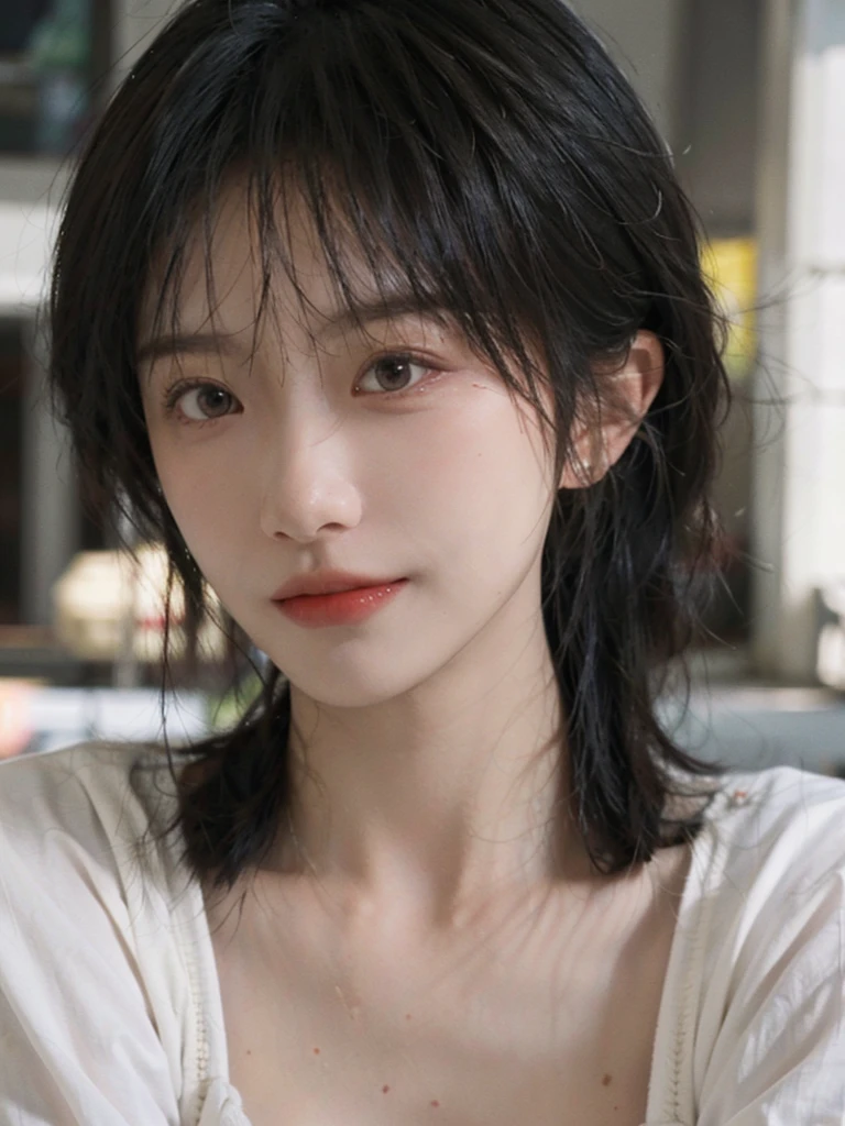 (Skin details:1.4), (smooth skin textures:1.3), Lipstick, background,海滩background， Looking at the audience，earrings, serene, calm, (Realistic and detailed eyes：1.2）, Natural skin texture, Realistic facial details, Soft dramatic lighting, Vivid details, 35 mm film, outdoor, (Photo Practical:1.4), (hyper Practical:1.4), (Practical:1.3), (Smoother lighting:1.05), (Improve lighting quality:0.9), (Highest quality real skin textures:1.4), Exquisite eyes, Delicate face, Close-up of face, (Enhance the beauty of skin texture:1.1), Hair details, Vest，normal body ratio, short hair, Moles under the eyes, thinking, A faint smile,公园background，Portrait Photography, Depth of Field, Bokeh, Surrealism, Ray Tracing, (Portrait Photography:1.1), Surrealism, High Detail, Chiaroscuro, Ray Tracing, reflected light, Ultra HD, Ultra HD, masterpiece, Textured Skin, Super Detail, High Detail, high quality, best quality