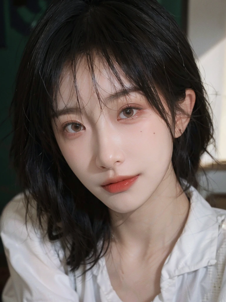 (Skin details:1.4), (smooth skin textures:1.3), Lipstick, background,海滩background， Looking at the audience，earrings, serene, calm, (Realistic and detailed eyes：1.2）, Natural skin texture, Realistic facial details, Soft dramatic lighting, Vivid details, 35 mm film, outdoor, (Photo Practical:1.4), (hyper Practical:1.4), (Practical:1.3), (Smoother lighting:1.05), (Improve lighting quality:0.9), (Highest quality real skin textures:1.4), Exquisite eyes, Delicate face, Close-up of face, (Enhance the beauty of skin texture:1.1), Hair details, Vest，normal body ratio, short hair, Moles under the eyes, thinking, A faint smile,公园background，Portrait Photography, Depth of Field, Bokeh, Surrealism, Ray Tracing, (Portrait Photography:1.1), Surrealism, High Detail, Chiaroscuro, Ray Tracing, reflected light, Ultra HD, Ultra HD, masterpiece, Textured Skin, Super Detail, High Detail, high quality, best quality