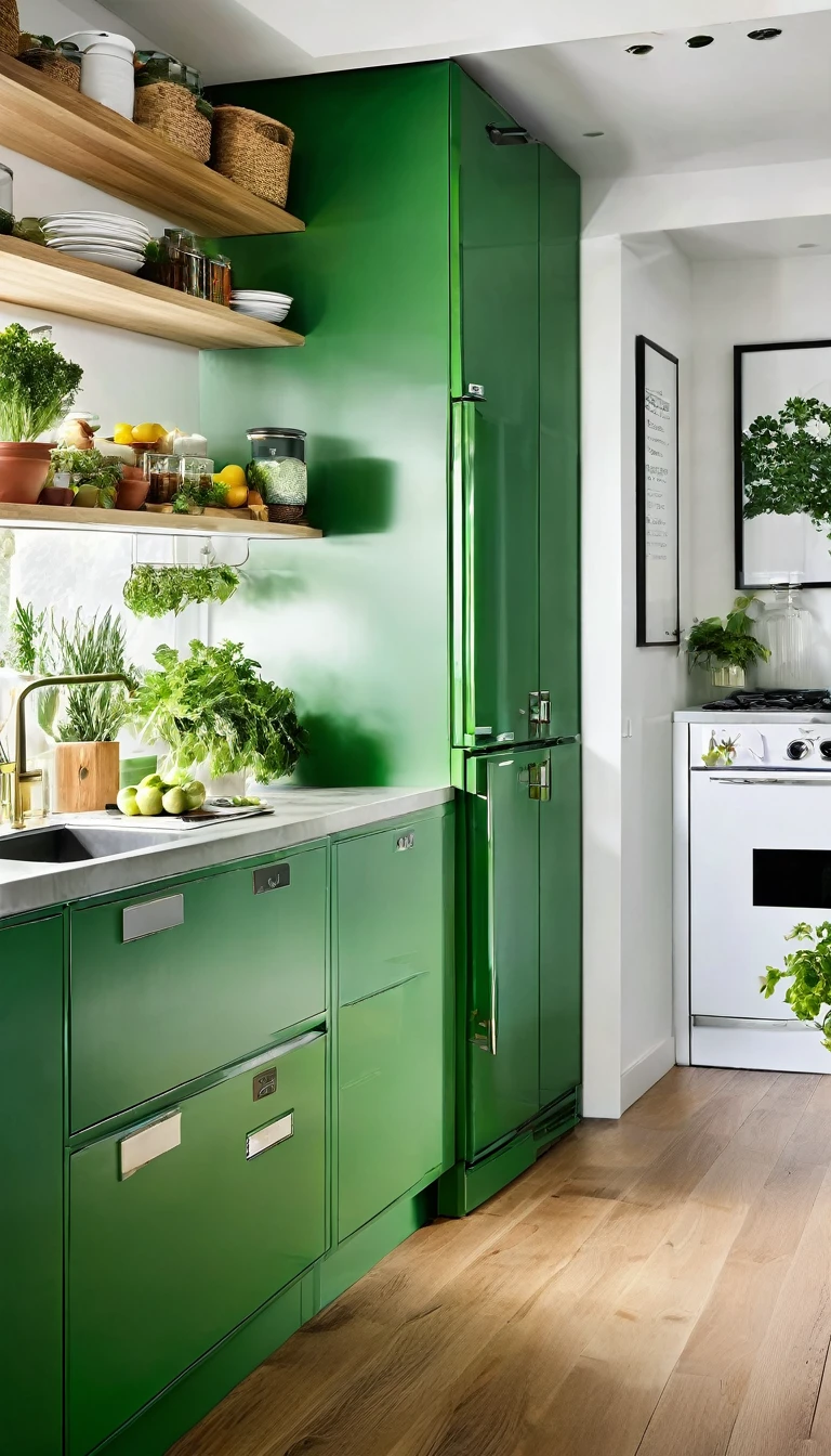 Simple and clean,concise,A wall in the kitchen,refrigerator,Storage,Storage,plain view,Trying,Green Theme
