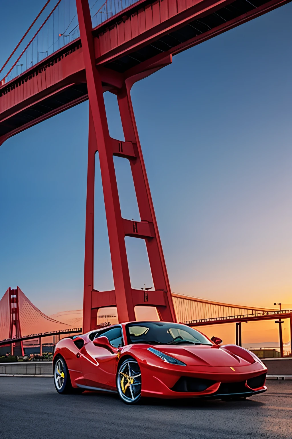 A red Ferrari at sunset with the cable-stayed bridge in the background.