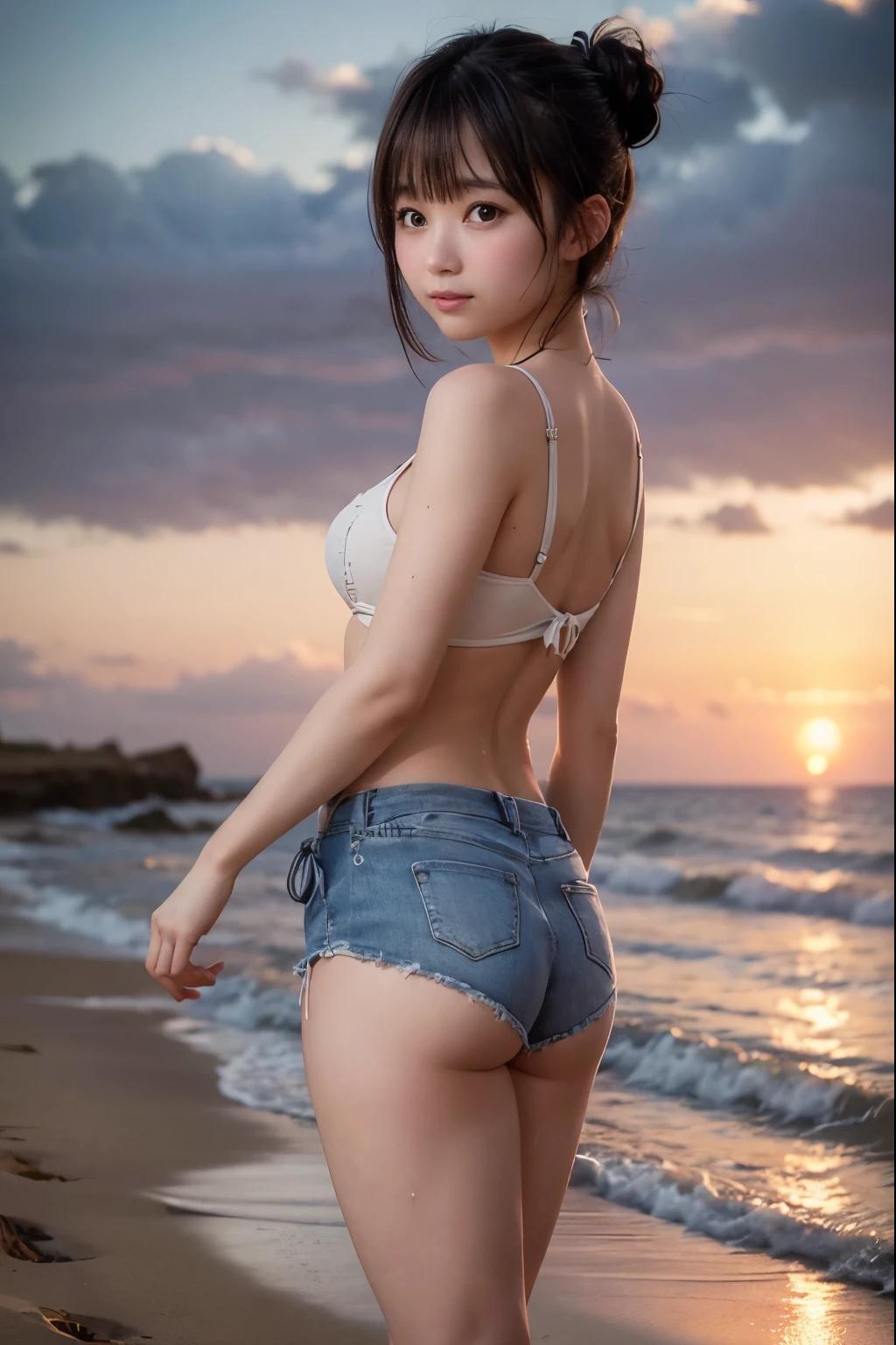 1 girl, japanes, Photorealistic, beautiful and detailed face,all-fours、Buttock T-back、Wedgie in the buttocks、 viewer,  Background, Solo, Sea, Micro Bikini, Small breasts, Micro Bikini. Sunny, summer vacation, Beach, (Short hair, Wet), Smile, Movie Lighting, movie, Japan drama, (Necklace), earrings