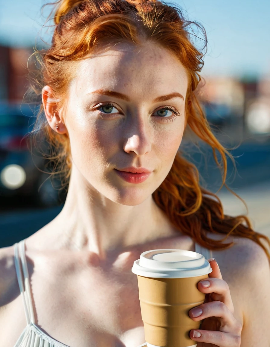Photography full body portrait of a very beautiful realistic girl, drinking coffee in the sun, porcelain skin, very light skin, very pale skin, redhead, wavy, pony tail, Detail of skin structure, hazel eyes, Slit eyes, small-nose, small nostril, think of arched eyebrows, thick lower lip, seductive glance, happy face, unique face, Wear a summer dress, detailed photo, foto realista, Masterpiece Image, sharp image, dark light inside, Little light