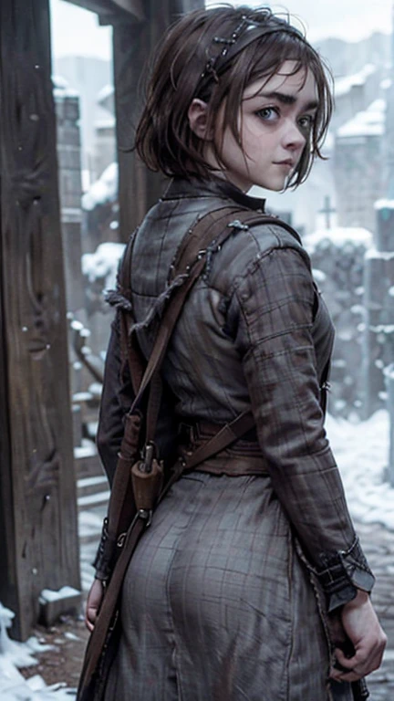 8k, Maisie Williams face, beautiful face, game of thrones character model, smiling, pale white skin, toned abs, small breast, round ass, tight ass, tight asshole, tight pussy, virgin pussy, her round ass visible, tied long brown hair, Maisie Williams as Arya Stark, torn ragged peasant dress, standing stance, winterfell city in background, snowing, back View, sharp focus on her ass
