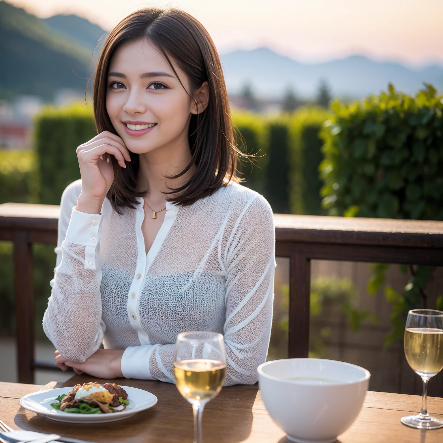 ((Highest quality、8K、masterpiece:1.3))、1 male、1 female、Couple、spouse、Couple、The body is slim、((Bob Hale、Straight hair:1.2)), (Realistic, Intricate details:1.2), テーブルの上のwine glass、Put the light on your face、 Amazing view of the sunset sky and clouds、Amazing mountain views、A bright smile、The wonderfulness of smile、Bright image、The beauty of wine, Beautiful Face, blue eyes, The light shines on your face, Blushing, short hair,Bright Face、 (Age 37), 39 years old, red wine 、Appetizers、Italian food、Wine bottle、Champagne、sparkling wine、Two beauties、Brown Hair、Shortcuts、Long sleeve shirt、dress、Beautiful woman 1, (slimな顔), (The body is slim), (Brown Hair), (Shortcuts), cheeks turn a little red,Attractive beauty、restaurant, In a prominent place (From the waist up) Nova Frog Style, actress, model, Upper Body, White wine, slim, wine glass, 中央に置かれたwine glass, smile, (smile: 1.15), Beautiful fine grain, Depth f/2,saturation, High Contrast, Strong light and shadow,Moist Body:1.5、3D texture、Delicate eyes、Brown Hair、The hair is very shiny、