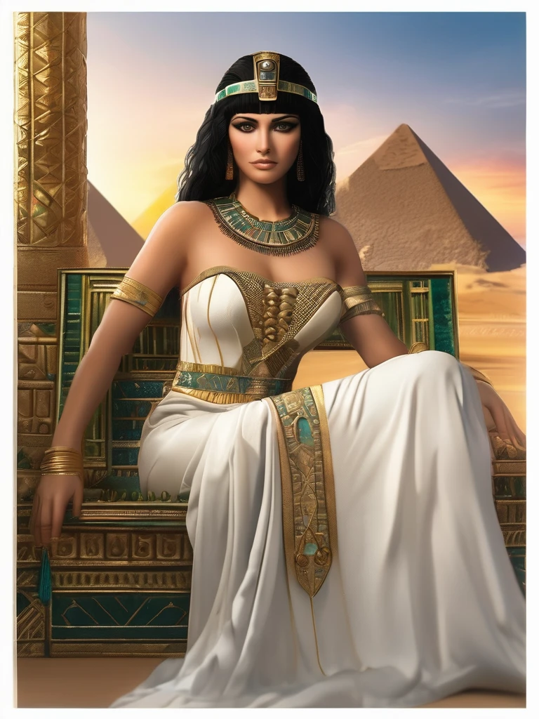 a photo of cleopatra sitting on the throne looking towards the pyramids, white skin black hair, very cute realistic green eyes, beautiful and desired body, very sexy and realistic transparent white dress with gold and golden threads realistic, Sexy and realistic transparent body glued, naked