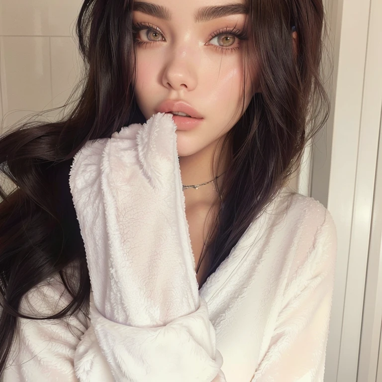 there is a woman that is holding a towel in her hand, madison beer, soft devil queen madison beer, :: madison beer, madison beer girl portrait, portrait sophie mudd, violet myers, gorgeous latina face, robe. perfect face, anna nikonova aka newmilky, robe. perfect faces, with long hair and piercing eyes, anastasia ovchinnikova