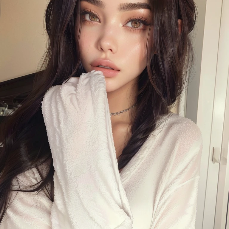 there is a woman that is holding a towel in her hand, madison beer, soft devil queen madison beer, :: madison beer, madison beer girl portrait, portrait sophie mudd, violet myers, gorgeous latina face, robe. perfect face, anna nikonova aka newmilky, robe. perfect faces, with long hair and piercing eyes, anastasia ovchinnikova