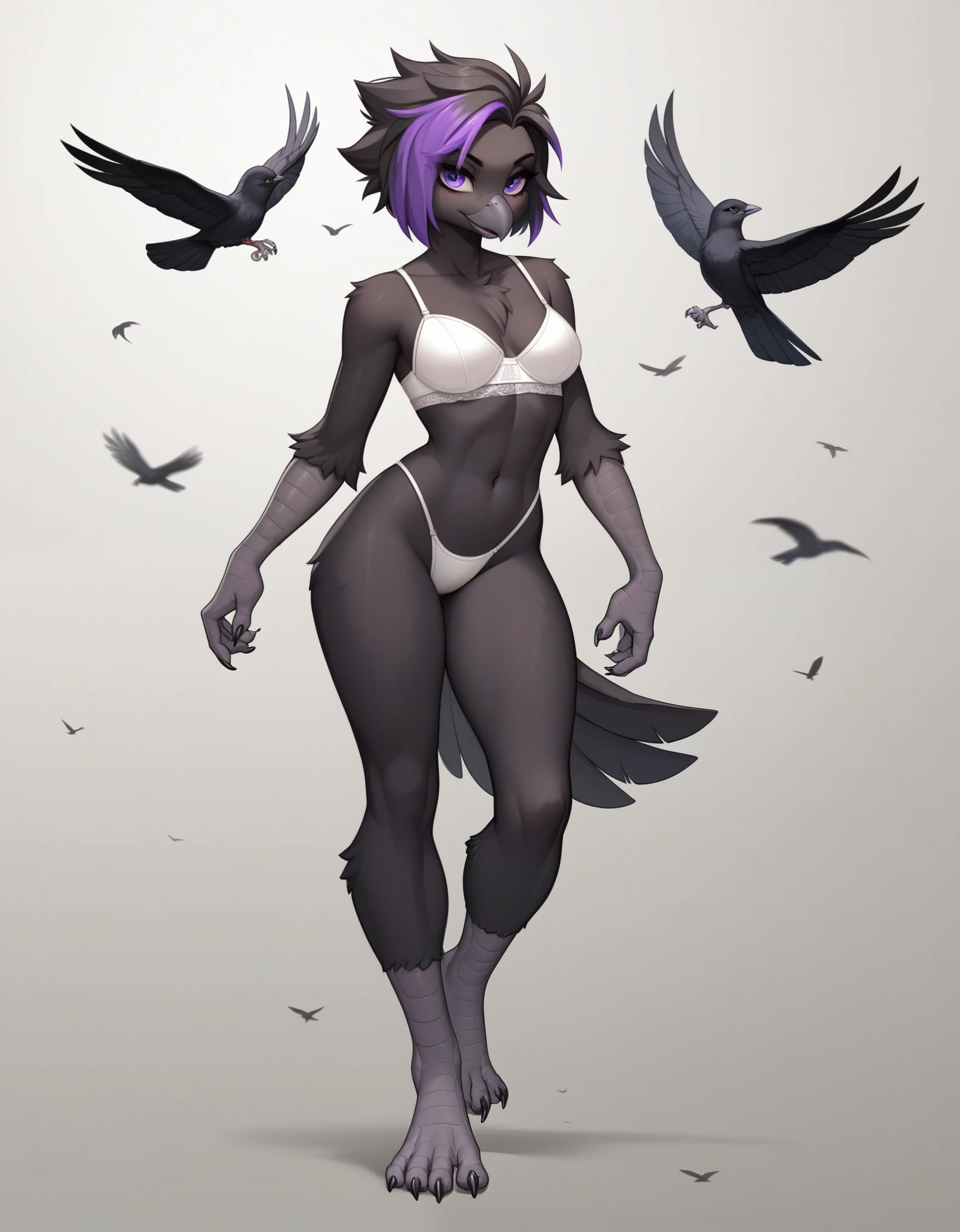 Score_9, score_8_up, score_7_up, flat colors, an Anthro avian crow girl, female, small grey beak, tall, small crow tail, black body, standing, white background, purple eyes, short black emo hair, purple highlights in hair, hands with five fingers, wearing white bra, white thong, full body shot, barefoot, bird leg texture, bird arm texture, 5 toes, toe claws