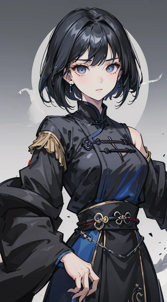 Masterpiece, Best quality, 1 Female, Mature Woman, Elder Sister, young girl, Royal Sister, the expression is cold, strong, gray eyes, wolfcut short hair, smoky mix navy blue color hair, resolute eyes, simple black and white Taoist Taoist uniform, long black eardrop, Chinese mix morden, frontal photo, blank background, remove background, wolfcut hairstyle, anime, illustration