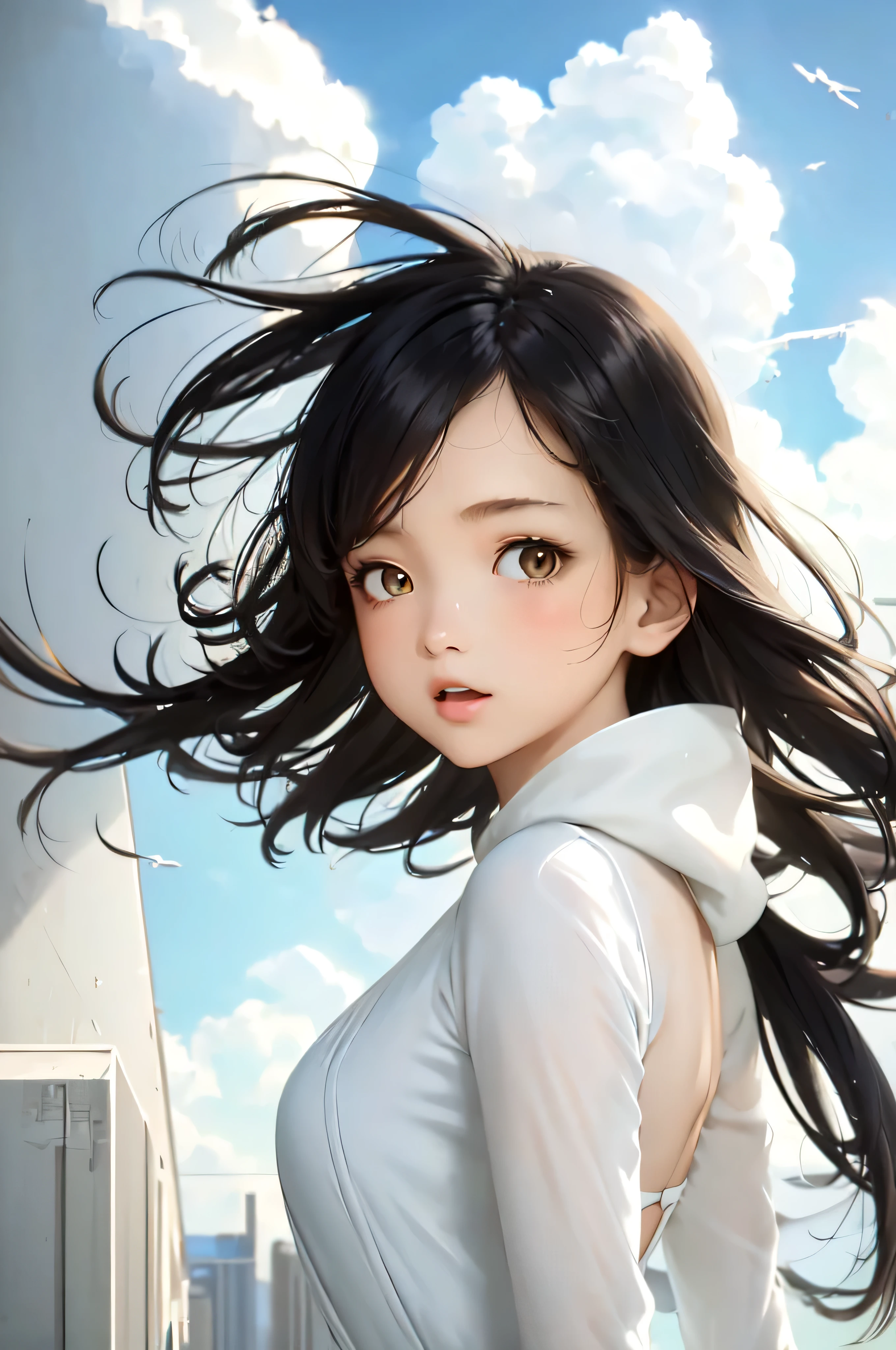 (masterpiece), (Highest quality), (Very detailed), (Disheveled Hair), (One Girl), (White clothes), (Black Hair), Movie stills, One girl, cloud girl, cloud, Floating in the sky, bright, Happy, fun, Soft lighting, (Bauhaus, shape, line, Abstract:1.1), blue sky, Dynamic Angle, Whole body shot, , Anime Style