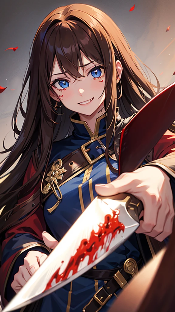 Adult, long brown hair with bangs, blue eyes, knife, bloody, vampire, manic smile, crying, yandere