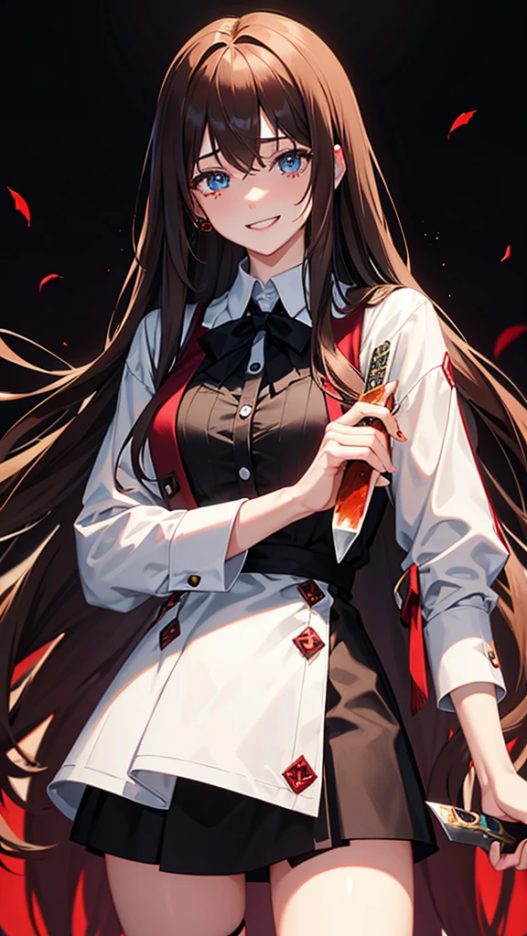 Adult, long brown hair with bangs, blue eyes, knife, bloody, vampire, manic smile, crying, yandere