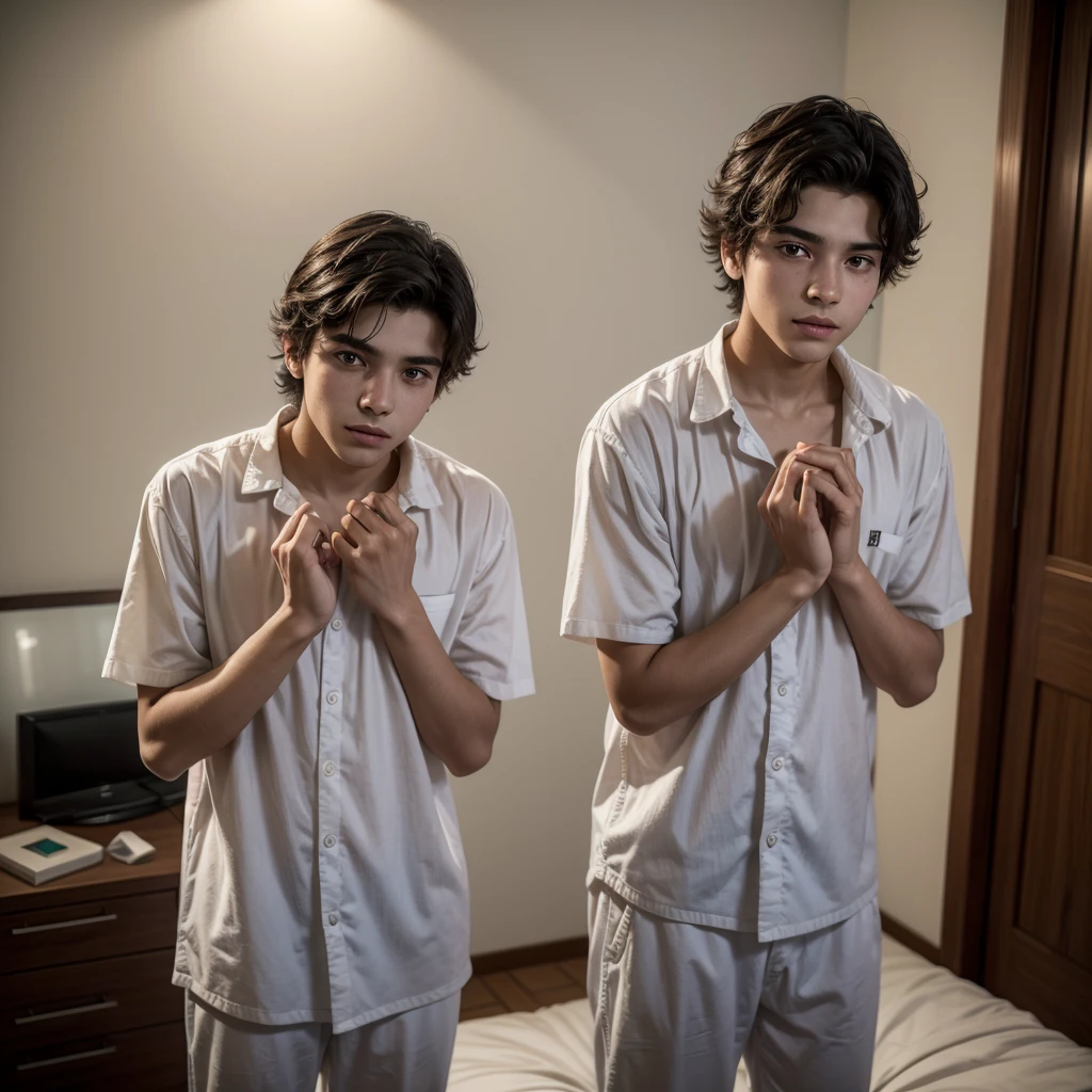 Young Brazilian, 19 years old, in Moreno clothes standing in the bedroom with his hands behind him, looking at the camera.
