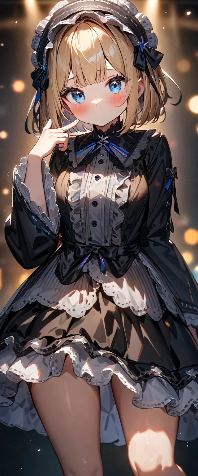 (((One girl))), blond hair, bob cut, breasts, from front, (cowboy shot), (looking at viewer), (((gothic lolita:1.3))), lolita hairband short dress, bare legs, index finger to own mouth, arm at side, face in focus, teenager, head tilt:1.3, (((blue eye))), ((no mouth)), ((blush)), (()), anime style, (best quality, 4k, 8k, highres, masterpiece:1.2, ultra-detailed, ultra-detailed eyes, HDR, UHD, studio lighting, ultra-fine painting, sharp focus, physically-based rendering, extreme detail description, professional, vivid colors, bokeh)