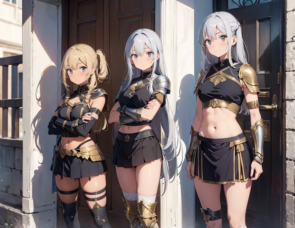 a beautiful Greek warriors girls standing guard at a door, Greek warrior, girls ,tanned skin, tail cover ,brown skin, ancient Greece, classical Greece, black armor ,slim body, defined abdomen , warrior woman, l ight armor, blonde hair , silver hair
