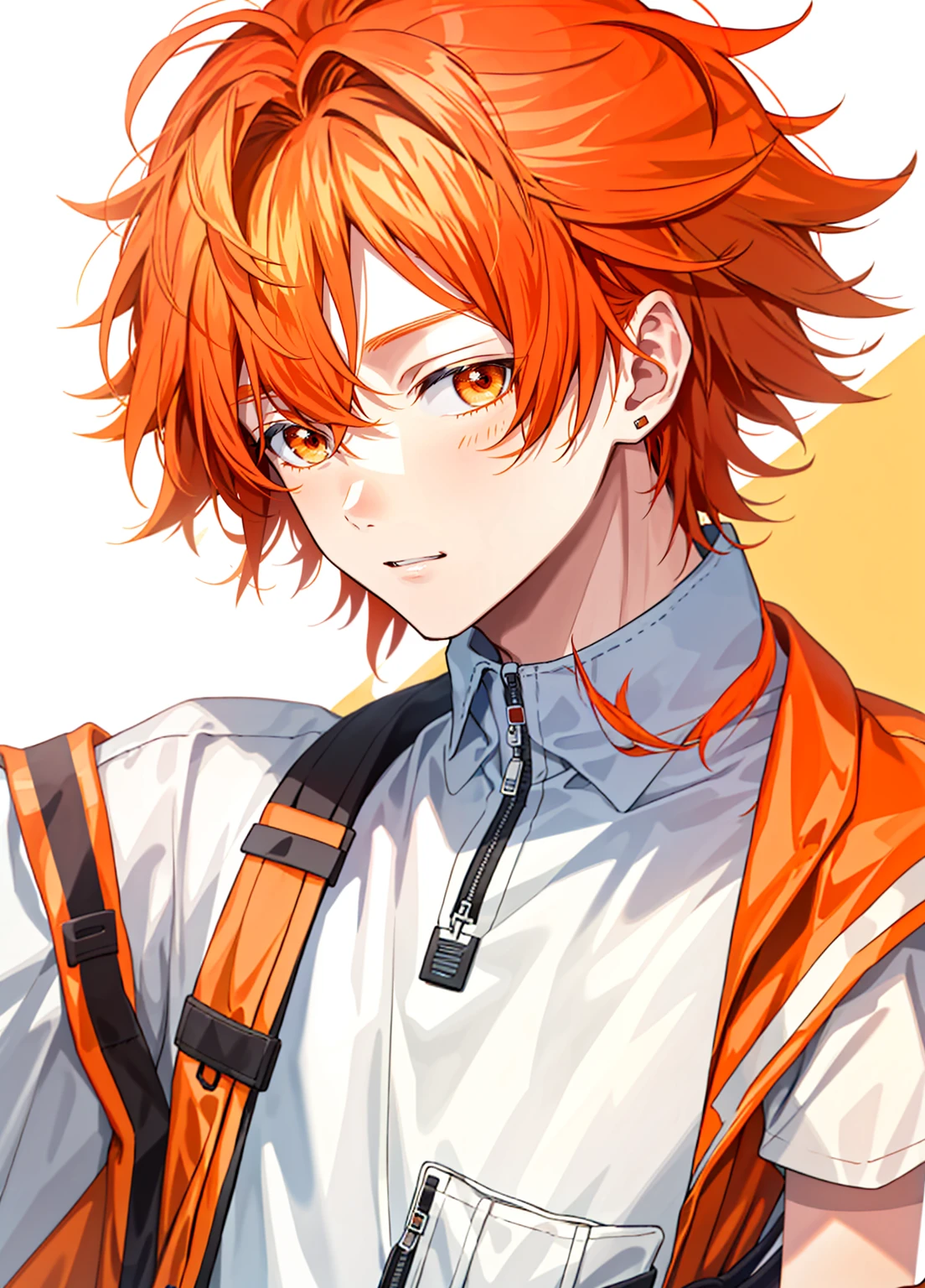 1 boy, 24 years old, messy hair, orange hair, medium hair, orange jumpsuit,