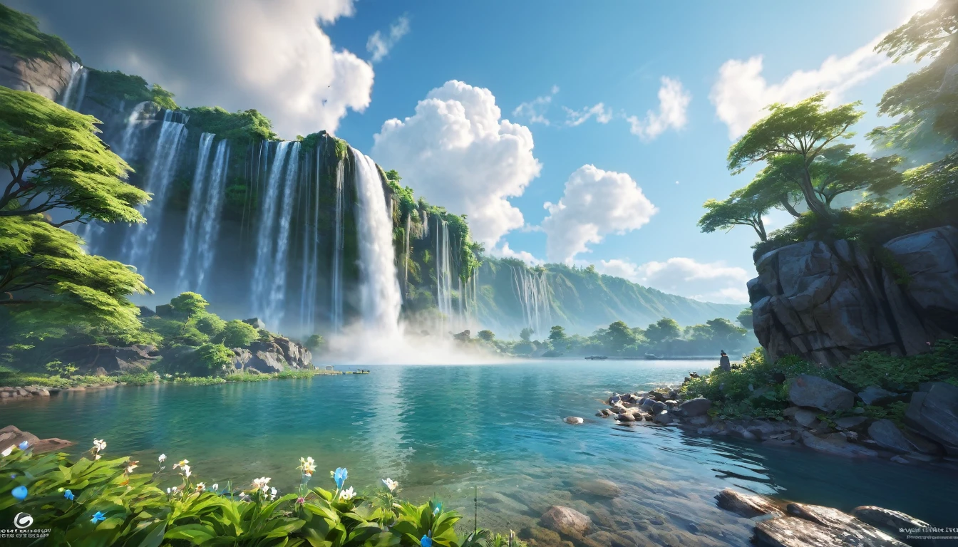 masterpiece, best quality, high quality, Extremely detailed CG unity 8k wallpaper, landscape, outdoor, sky空, cloud, sky, No humans, Mountain, landscape, water, Tree, blue sky空, waterfall, cliff, nature, lake, river, cloudy sky空,Award-winning photography, Bokeh, Depth of Field, Human Development Report, bloom, Chromatic Aberration ,Reality,Extremely detailed, Popular on ArtStation, Popular on CGsociety, complex, High Detail, dramatic, midjourney's Artwork