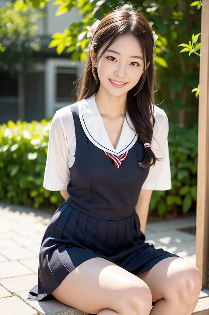 Pure Japanese school girl, outstanding body, beautiful legs, wearing uniform, natural hairstyles, sweet smile, sitting, refreshing in early summer, composition from the front,
