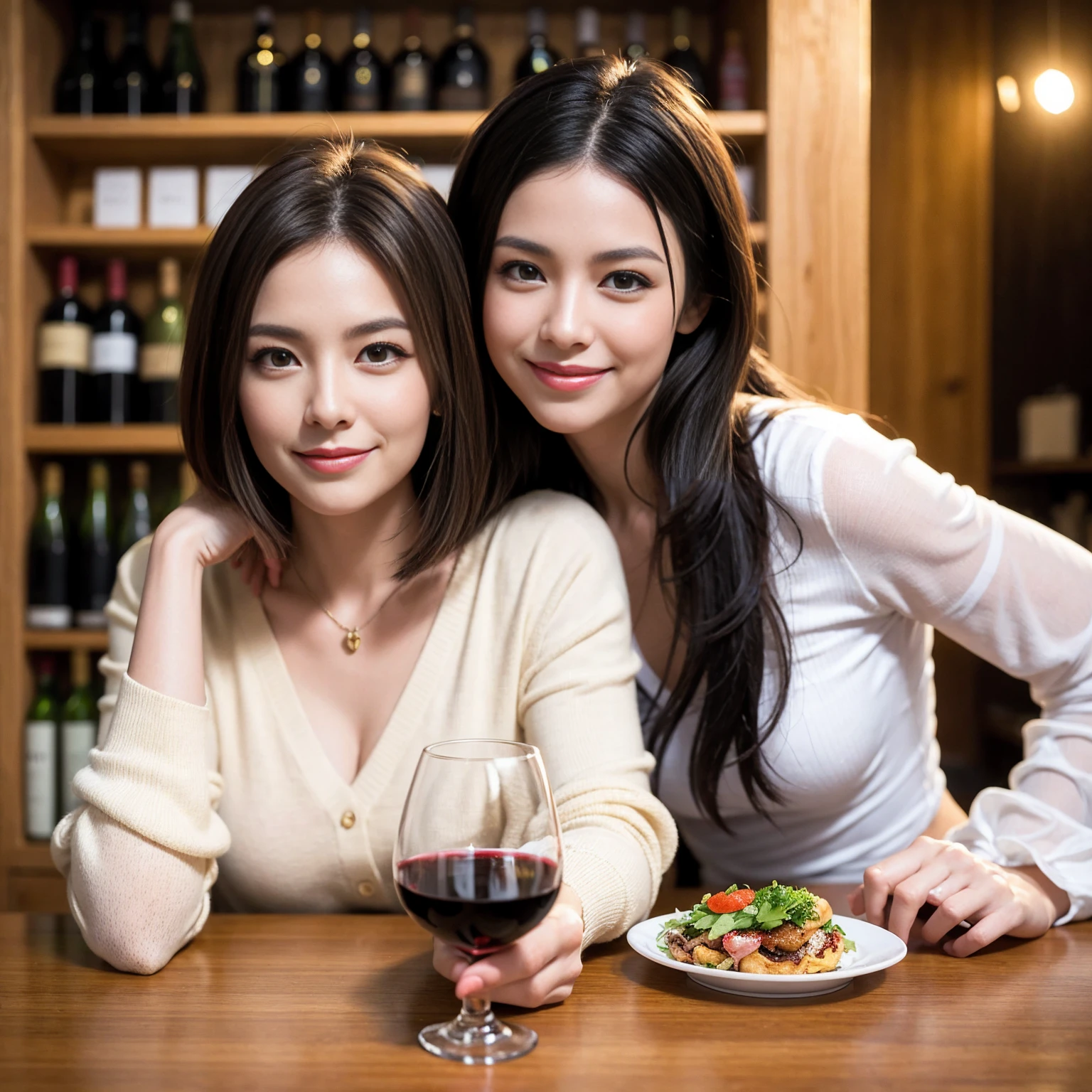 ((Highest quality、8K、masterpiece:1.3))、1 male 1 female、slimなCouple、lover、Couple、The body is slim、((Bob Hale、Straight hair:1.2)), (Realistic, Intricate details:1.2), フルコースディナーテーブルの上のwine glass、Put the light on your face、 Amazing view of the sunset sky and clouds、A bright smile、The wonderfulness of smile、Bright image、The beauty of wine, Beautiful Face, blue eyes, The light shines on your face, Blushing, short hair,Bright Face、 (Age 37), 39 years old, red wine 、Appetizers、Italian food、Wine bottle、Champagne、sparkling wine、Two beauties、Brown Hair、Shortcuts、Long sleeve shirt、dress、Beautiful woman 1, (slimな顔), (The body is slim), (Brown Hair), (Shortcuts), cheeks turn a little red,Attractive beauty、restaurant, In a prominent place (From the waist up) Nova Frog Style, actress, model, Upper Body, White wine, slim, wine glass, 中央に置かれたwine glass, smile, (smile: 1.15), Beautiful fine grain, Depth f/2,saturation, High Contrast, Strong light and shadow,Moist Body:1.5、3D texture、Delicate eyes、Brown Hair、The hair is very shiny、pink