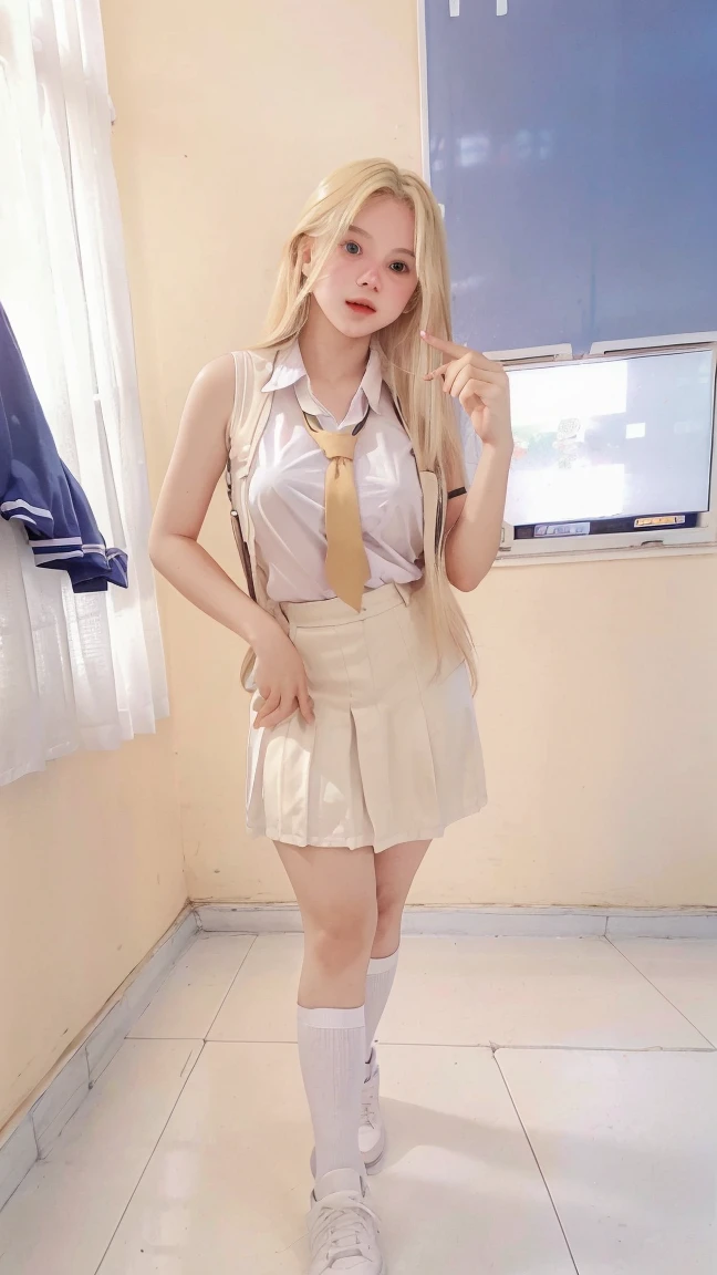 Masterpiece , Beautiful 18 Years Old , Gigantic Large Breast , Cleavage , Sleeveless , ((Wearing High School Uniform)) , High School Skirt , White Sneakers , In Classroom , Take Selfie , ((Centre:1.1)), ((Symetric Picture:1.1)) , ((Blonde Hair:1.1)) , Extremely Detailed , Messy Hair