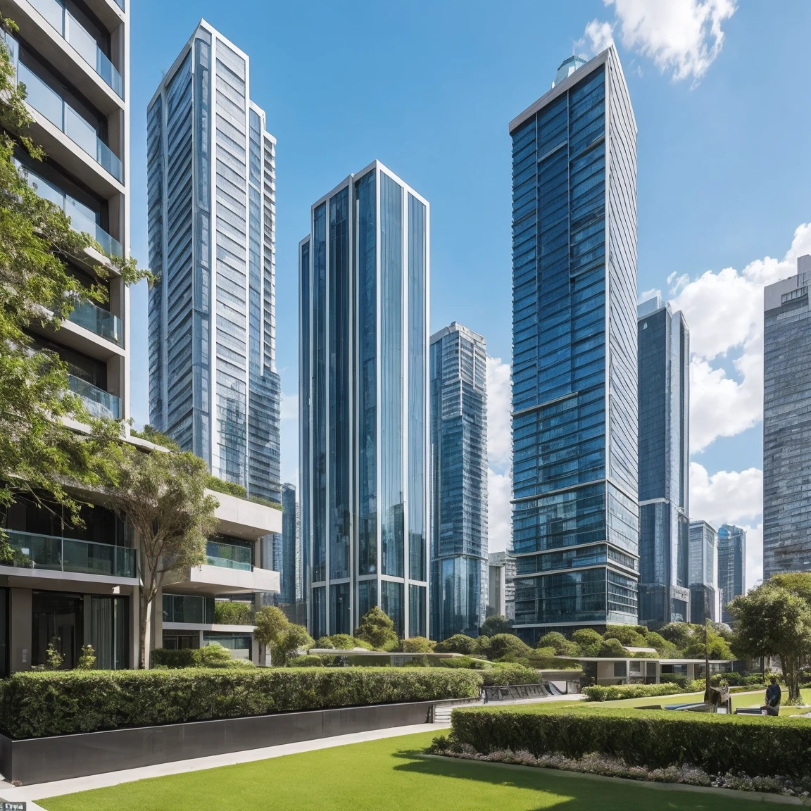 Imagine a vacant plot of land in the heart of a bustling modern city. The plot is completely empty, covered in green grass, and is surrounded by towering luxurious buildings. To the left, there is a gleaming glass and steel skyscraper, with spacious balconies adorned with lush greenery. To the right, a sleek contemporary building with large panoramic windows and a facade in shades of silver and blue stands tall. Behind the plot, a high-end residential complex with hanging gardens and exclusive leisure areas can be seen. In front of the plot, a busy avenue filled with luxury cars and well-dressed pedestrians completes the urban scene. The sky is clear with a few clouds, adding to the vibrant and sophisticated city atmosphere.