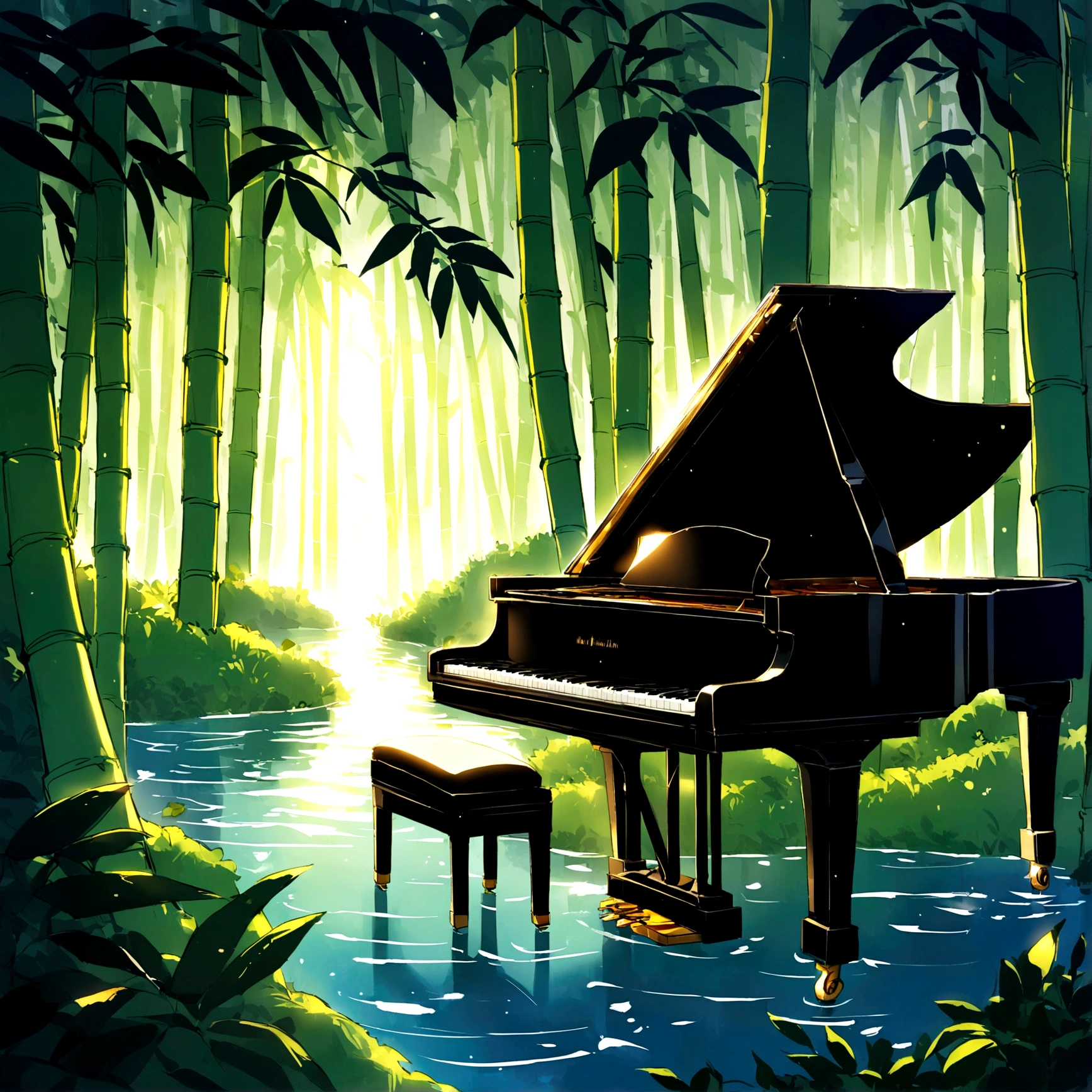 A grand piano in the middle of the woods near a river,A grand piano in the middle of a bamboo forest、wood々The sun twinkles from between,quiet