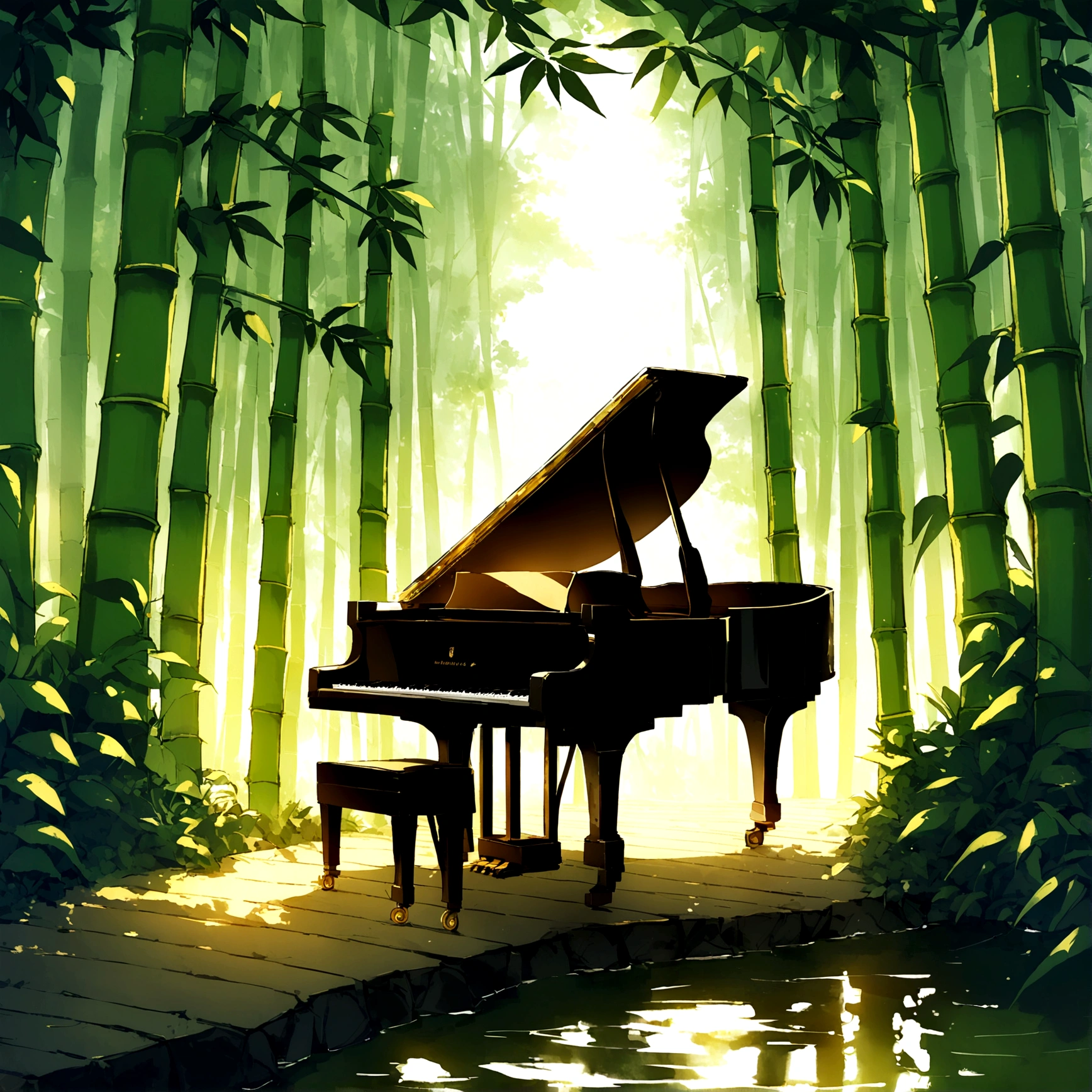 A grand piano in the middle of the woods near a river,A grand piano in the middle of a bamboo forest、wood々The sun twinkles from between,quiet