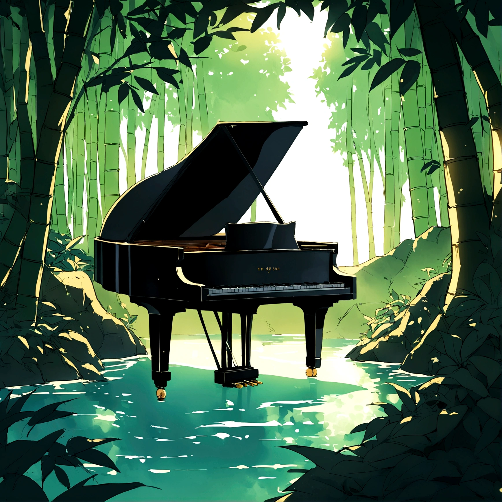 A grand piano in the middle of the woods near a river,A grand piano in the middle of a bamboo forest、wood々The sun twinkles from between,quiet