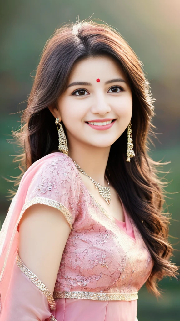 ultra high detailed, an indian girl, cute smile realistic face, happy, long hair, impressive hairstyle, detailed eyes, detailed lips, indian clothes,pre draped pink top dress lace, wearing jewellery, nature and background, photo studio bokeh, clear weather, whole body capture,noch slim image long