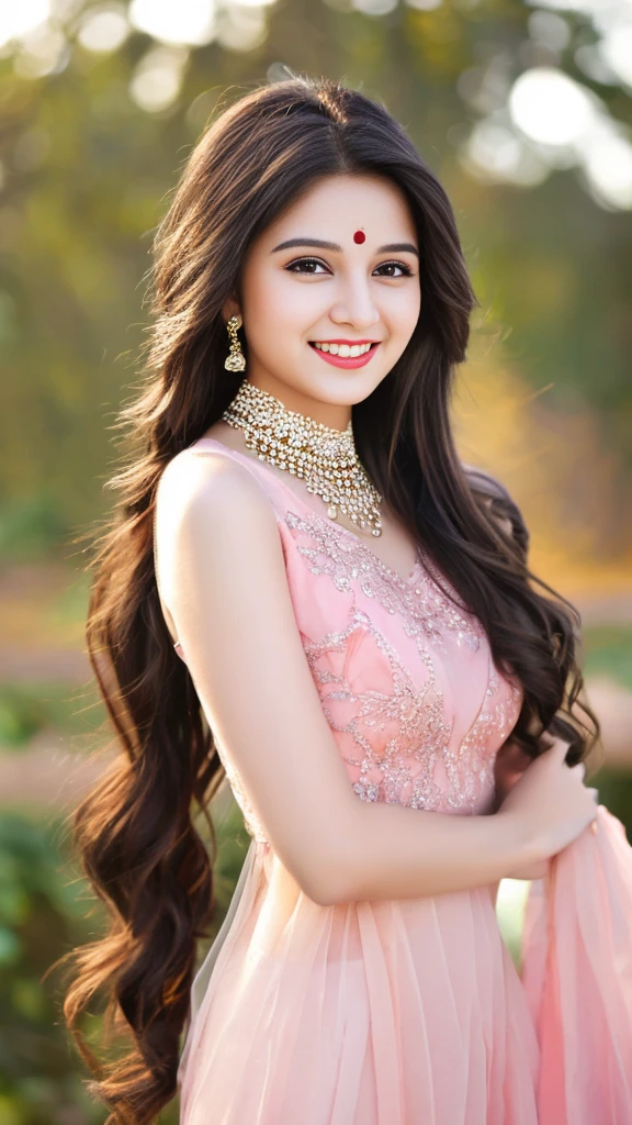 ultra high detailed, an indian girl, cute smile realistic face, happy, long hair, impressive hairstyle, detailed eyes, detailed lips, indian clothes,pre draped pink top dress lace, wearing jewellery, nature and background, photo studio bokeh, clear weather, whole body capture,noch slim image long