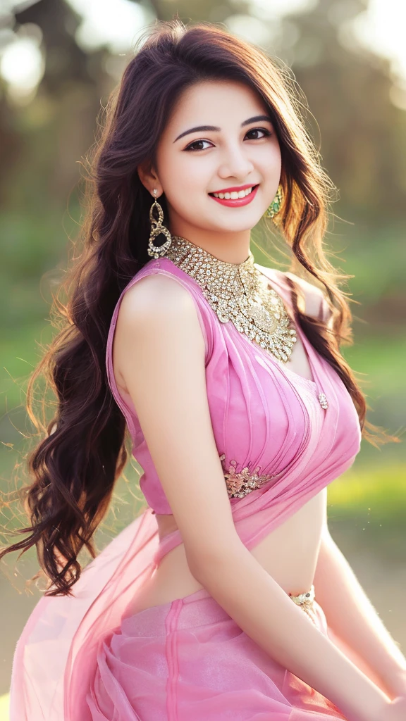ultra high detailed, an indian girl, cute smile realistic face, happy, long hair, impressive hairstyle, detailed eyes, detailed lips, indian clothes,pre draped pink top dress lace, wearing jewellery, nature and background, photo studio bokeh, clear weather, whole body capture,noch slim image long