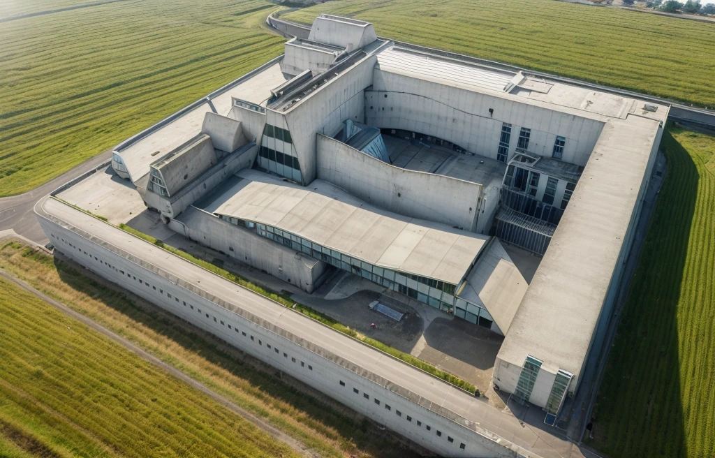 aerial view, master view, grass, day, line, curve, highquality, realistic photo, canon eos 5D mark, [[[architech1904]]], natural light, (realistic: 1.2), sharpen edge, morden building, factory, concrete wall.