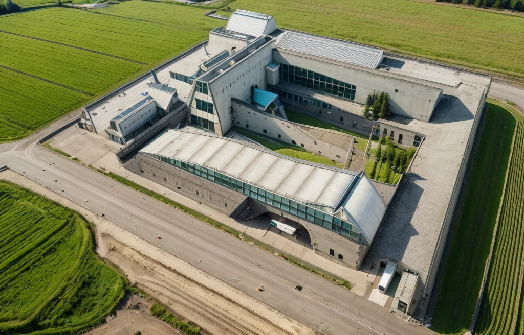 aerial view, master view, grass, day, line, curve, highquality, realistic photo, canon eos 5D mark, [[[architech1904]]], natural light, (realistic: 1.2), sharpen edge, morden building, factory, concrete wall.