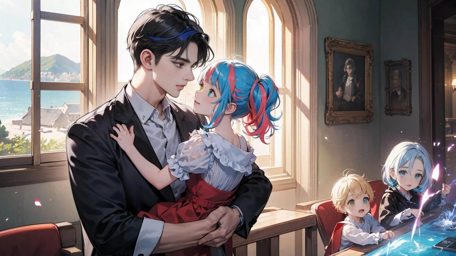 {{masterpiece}}, 最high quality, Very detailedな CG ユニティ 8k 壁紙, Cinema Lighting, Lens flare, Beautiful details in the eyes, black, Sideways glance, Multicolored Hair, colorful light, particle, Heterochromia iridis, (colorful:1.5), (colorful hair:1.5),{{masterpiece}}, 最high quality, Very detailedな CG ユニティ 8k 壁紙, Cinema Lighting, Lens flare, Beautiful details in the eyes, black, Sideways glance, Multicolored Hair, colorful light, particle, Heterochromia iridis, (colorful:1.5), (colorful hair:1.5),masterpiece, 最high quality, Official Art, 8k wallpaper, Very detailed, Very delicate and beautiful, wonderful, In detail, masterpiece, Super detailed, High resolution,Best illustrations, Best Shadow,Complex,Sharp focus, high quality, A young father holds his young twin boys and girls in his arms tightly and warmly、Draw a scene filled with love and security.。My father is on his way home from work.、Children are innocent and carefree。In the background澄み切った青空が広がり、A view of a stylish modern mansion in Pula, Croatia in summer。The bright sunlight illuminates the house and the sparkling sea.。 In fact, this３０The father of the generation was the former Constantine１This is the world.、The boy-girl twins are formerly Crispus and Fausta。The whole scene、atonement、Forgiveness、Healing、Purification、And the theme of repairing relationships was emphasized.、It expresses the moment when family love and bonds deepen.。 The father's expression shows deep love and relief.、The twins have innocent smiles on their faces.。In the background、The beautiful sea of Croatia spreads out before you、The sparkle enhances happy family moments.。, Digital illustration portrait, In the art style of Bouwater, Blackpink's Joshi portrait, Digital Portrait, Digital Art Portrait, Realism art style, high qualityのポートレート,{{masterpiece}}, 最high quality, Very detailedな CG ユニティ 8k 壁紙, Cinema Lighting, Lens flare, Beautiful details in the eyes, black, Sideways glance, Multicolored Hair, colorful light, particle, Heterochromia iridis, (colorful:1.5), (colorful hair:1.5),{{masterpiece}}, 最high quality, Very detailedな CG ユニティ 8k 壁紙, Cinema Lighting, Lens flare, Beautiful details in the eyes, black, Sideways glance, Multicolored Hair, colorful light, particle, Heterochromia iridis, (colorful:1.5), (colorful hair:1.5),masterpiece, 最high quality, Official Art, 8k wallpaper, Very detailed, Very delicate and beautiful, wonderful, In detail, masterpiece, Super detailed, High resolution,Best illustrations, Best Shadow,Complex,Sharp focus, high quality, A young father holds his young twin boys and girls in his arms tightly and warmly、Draw a scene filled with love and security.。My father is on his way home from work.、Children are innocent and carefree。In the background澄み切った青空が広がり、A view of a stylish modern mansion in Pula, Croatia in summer。The bright sunlight illuminates the house and the sparkling sea.。 In fact, this３０The father of the generation was the former Constantine１This is the world.、The boy-girl twins are formerly Crispus and Fausta。The whole scene、atonement、Forgiveness、Healing、Purification、And the theme of repairing relationships was emphasized.、It expresses the moment when family love and bonds deepen.。 ,