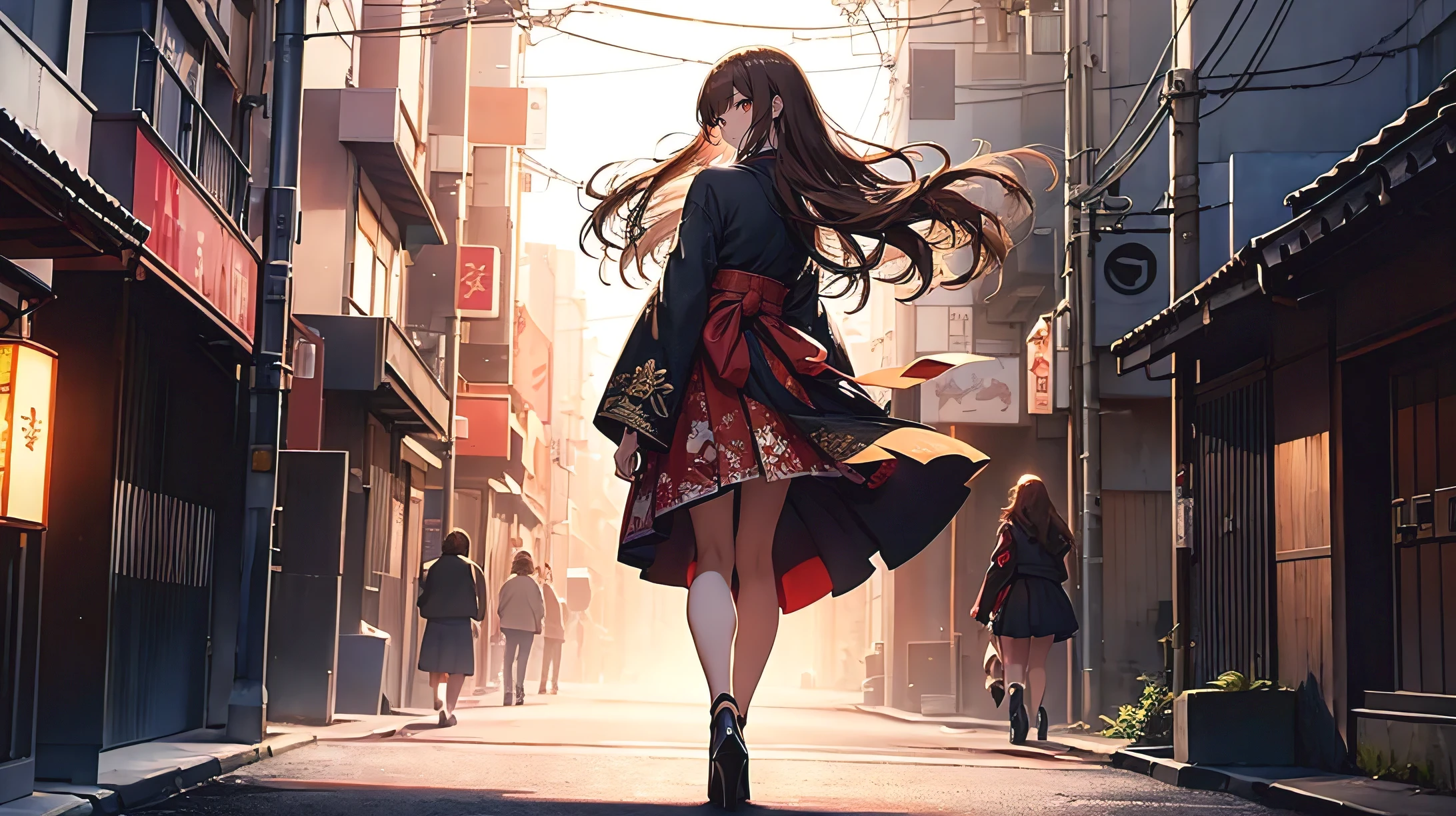 A 20-year-old Japanese idol with delicate and beautiful features, A richly decorated sword, (artwork: 0.8), Black and red dress, a woman walking down the street in her short skirt while her hand is on her hip, 1girl, solo, high heels, skirt, long hair, brown hair, shirt, from behind, Ass, underwear