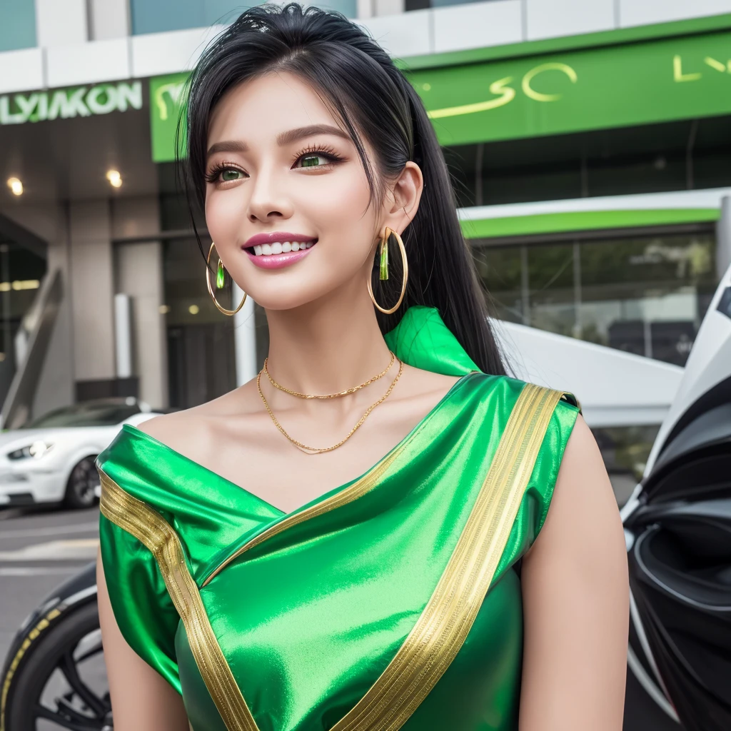 Highest quality、Race Queen、Metallic Green、The gaze is directed forward、The face is facing forward、smile、Very voluminous eyelashes、Green eyeshadow、Beautiful teeth、shiny pink lips、Lip gloss、Black Hair、Straight ponytail、Big, thick gold hoop earrings、Slender、Upper Body