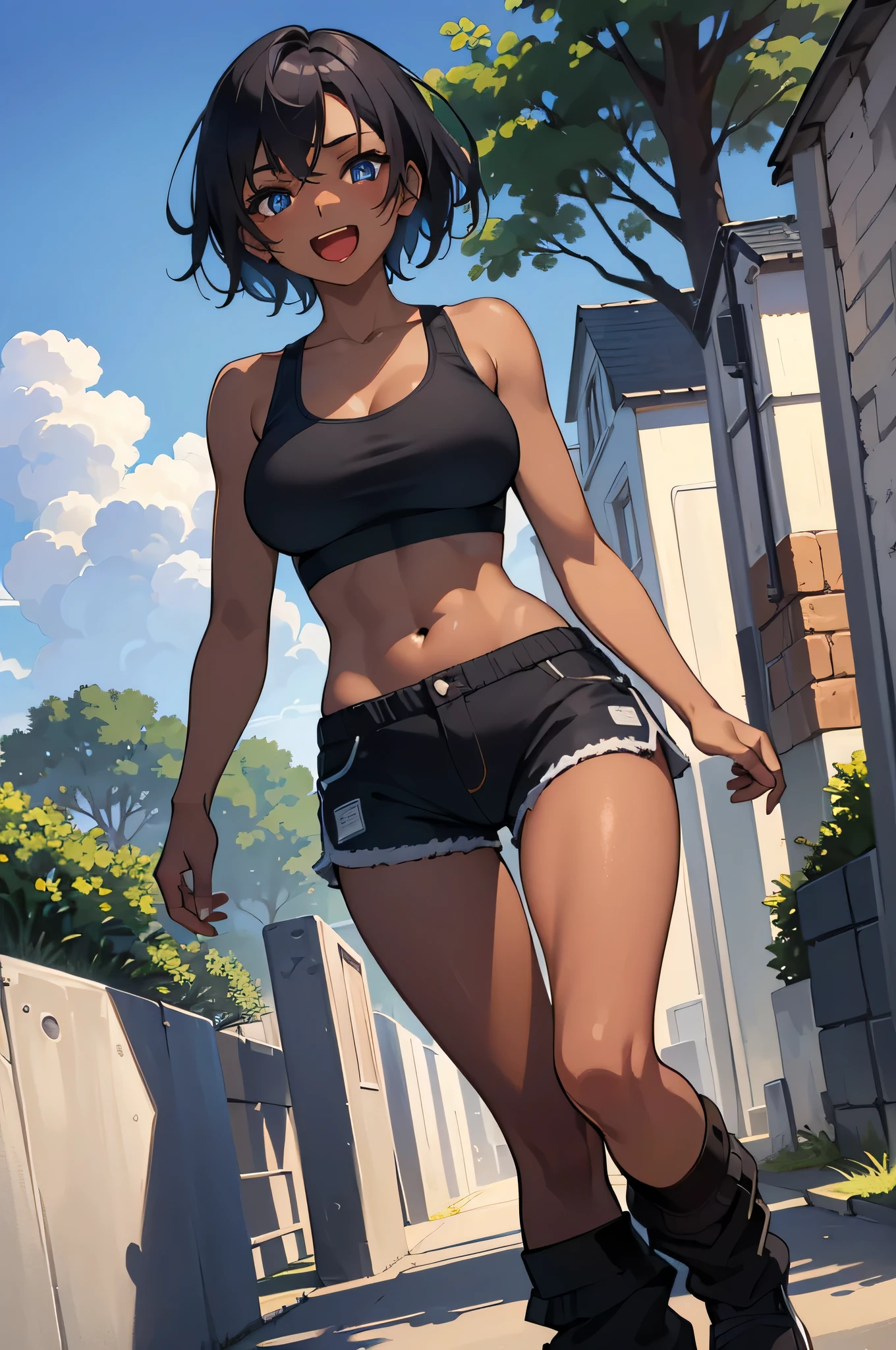 masterpiece, best quality, 1girl, ((solo)), ((medium breasts)), ((teenage girl)), (((dark-skinned female))), short hair, blue eyes, ((sports bra)), happy smile, ((open mouth)), ((casual black shorts)), (((walking))), cute, ((park)), ((vivid colors)), beautiful detailed sunlight, detailed eyes, expressive eyes, perfect hands, highest quality, focused, ultra detailed, absurdres,