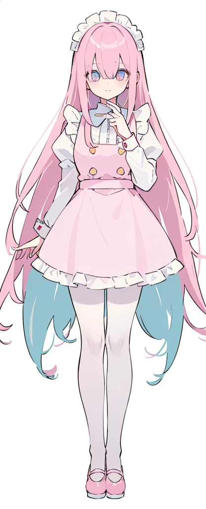 (((Long pinky Beautiful Hair))),pink hair,kawai,(((Eyes visible from bangs,hair over eyes:1.3))),,Huge breasts,(cyan color eyes),,(pink slanted eyes),1girl in,bangs,long CYAN hair, pantyhose,Cowboy Shot,white background,short hair,smiled,(wearing pink maid clothes), (maid dress type must have a perfect pink vest), Bangs should be long to the tip of the chin(((Standing pose facing to the right side free hand pose))), white background, Perfect arm fingers,,, 1 girl, ((The image must match the tag)) Bangs almost cover the eyes full body (The character's entire body from top to bottom is completely visible) (The character's entire body is visible from head to toe) wearing shiny pink shoes (full body image full body image) full body image full body image) white background, Long slim legs