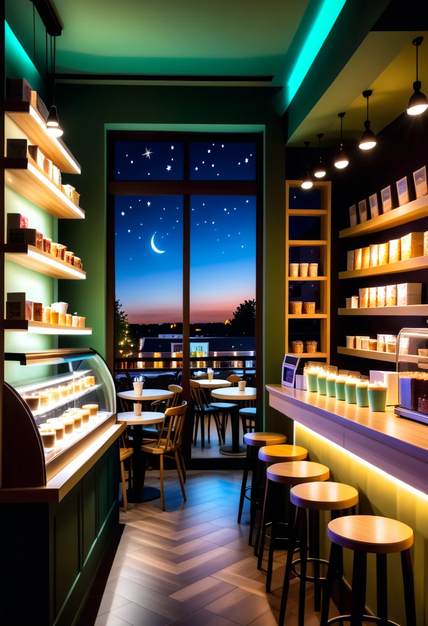 a cozy night time at a coffe interior with cozy lighting and sweets in the shelves. There is a big window in the middle of the coffeeshop and the outside view is just a green solid color