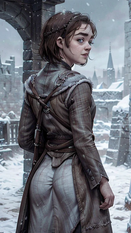 8k, Maisie Williams face, beautiful face, game of thrones character model, smiling, pale white skin, toned abs, small breast, round ass, tight ass, tight asshole, tight pussy, virgin pussy, her round ass visible, tied long brown hair, Maisie Williams as Arya Stark, torn ragged peasant dress, standing stance, winterfell city in background, snowing, back View, sharp focus on her ass