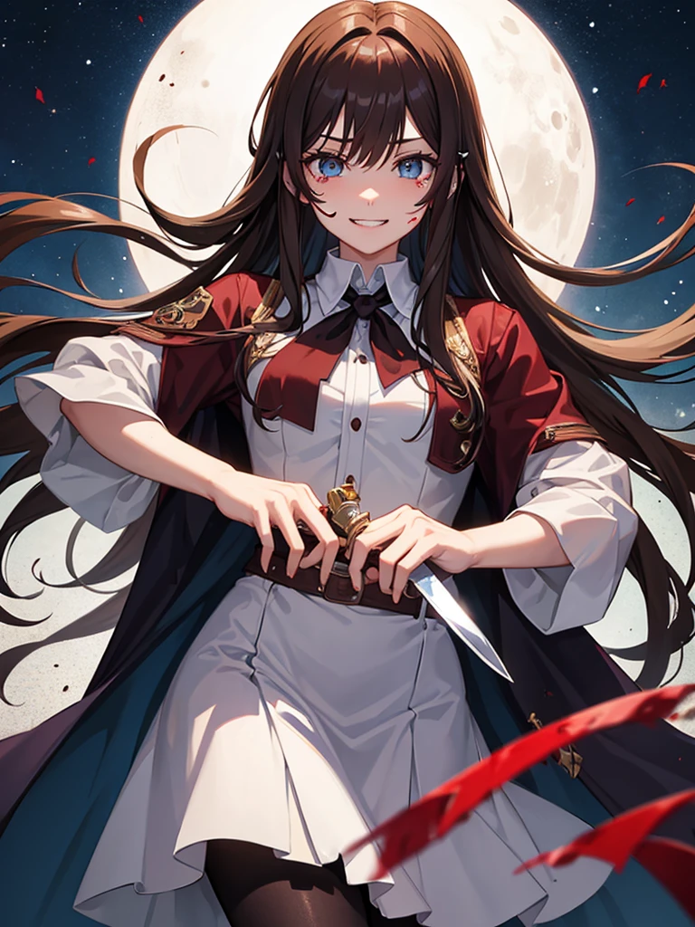 Adult, long brown hair with bangs, blue eyes, knife, bloody, vampire, manic smile, crying, yandere
