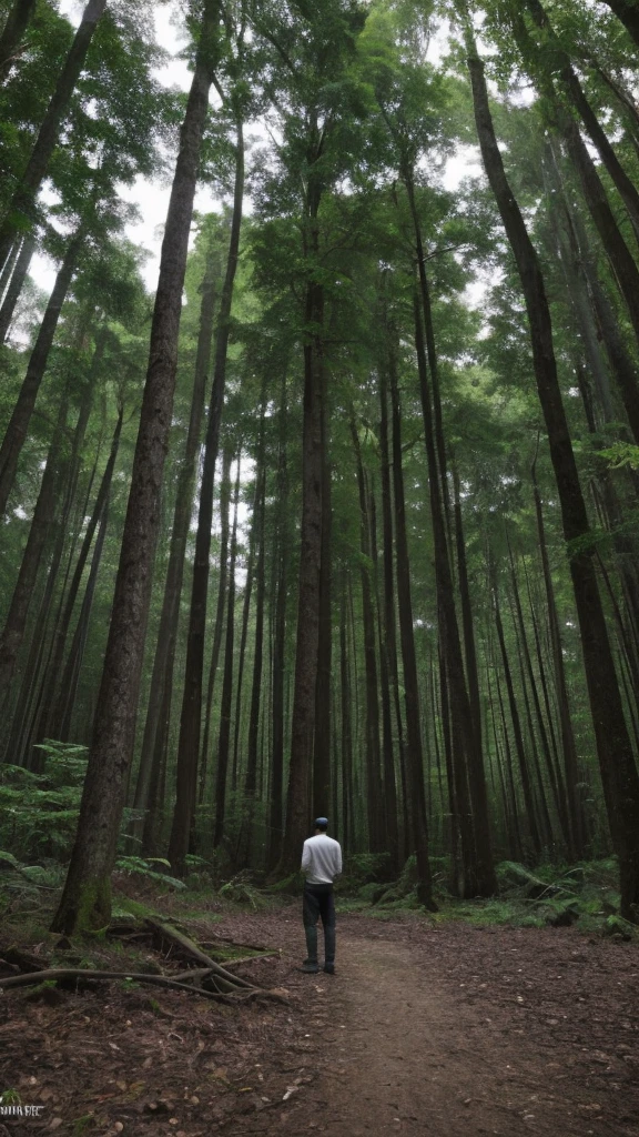 natural environment: A dense and dense forest, with tall trees and lots of vegetation around. Sunlight can barely penetrate through the treetops, creating a dark and mysterious environment.
Solitary Man: The man is at the center of the scene, perhaps standing between tree trunks or in a small clearing. His figure stands out against the dark background of the forest.
lighting: The light in the scene is minimal, suggesting a deep twilight or even a forest at night. Maybe there's just a faint glow of the moon filtering through the tree branches, subtly illuminating the man's face and clothes.
Facial expression: The man's face expresses a mixture of determination and caution, with eyes focused ahead, trying to discern the path ahead of you in the darkness.
Environmental Context: Dry leaves on the ground, mosses on tree trunks and bushes surrounding the space, creating a sense of texture and depth in the forest.
Sound Atmosphere: Sounds of nature around, like the rustle of leaves in the wind, a distant cricket or the call of an owl, adding a layer of immersion to the scene.
Paleta de cores: Dark tones predominate, with deep greens, dark brown and black, emphasizing the darkness of the forest and highlighting the figure of the man in the center.
composition: The photo can be captured from a low angle to show the height of the trees and the vastness of the surrounding forest, creating a sense of isolation and mystery.