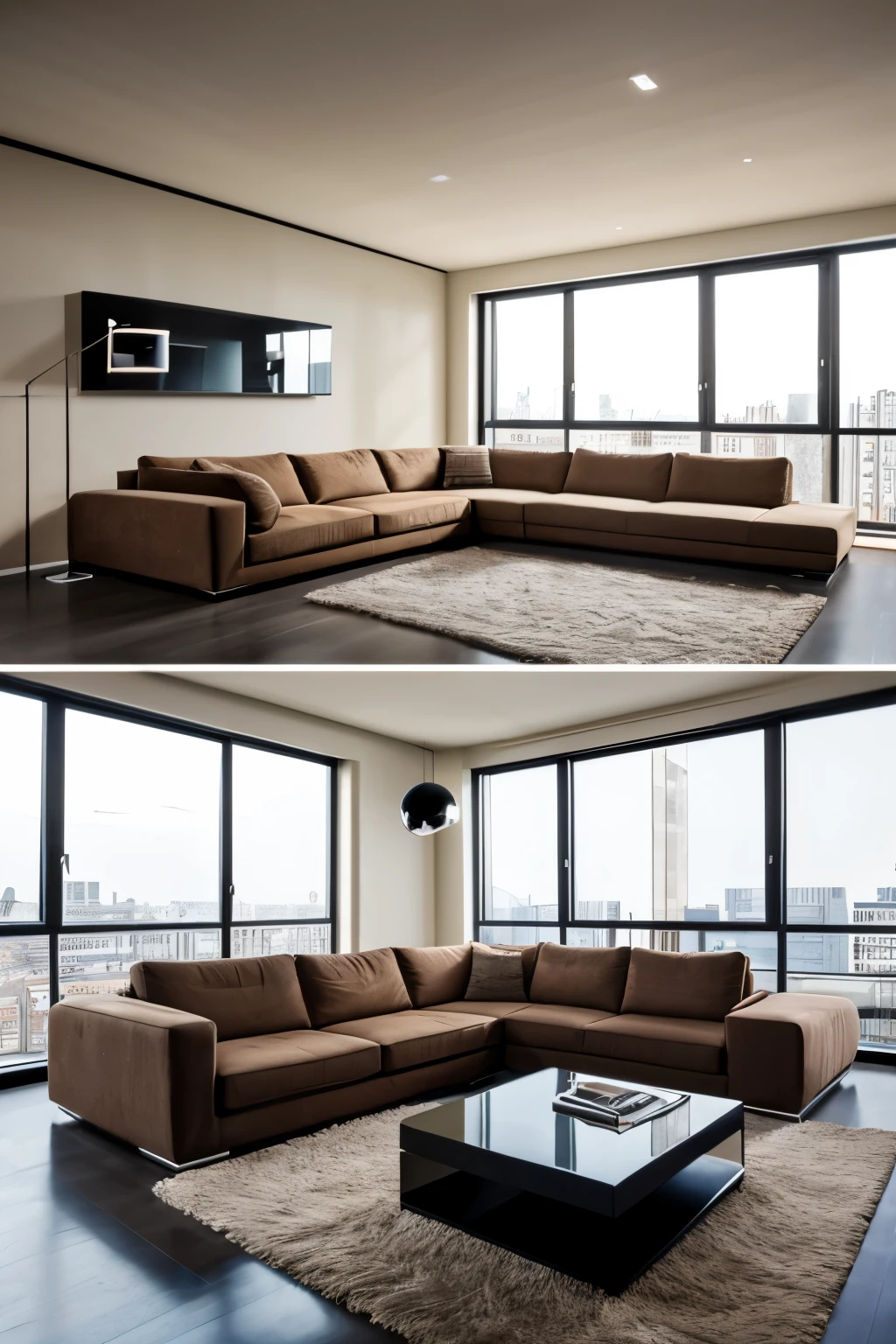 Design of modern loft room with panoramic sofa, Cattelan STEALTH floor lamp against panoramic window background